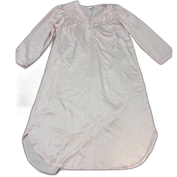Vintage Miss Elaine Nightgown M Pink Satin Embroidered Neck Long Sleeve Lounge - Picture 1 of 5